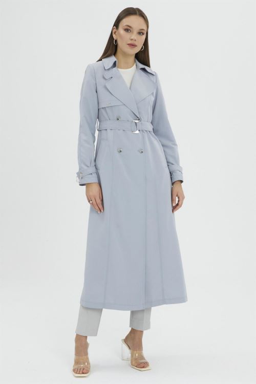 Siyah Zincir ve Kemer Detaylı Mavi Trençkot 12615