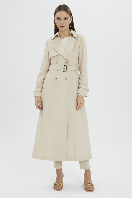 Siyah Zincir ve Kemer Detaylı Taş Trençkot