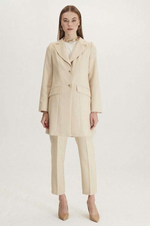 Bej Ceket Pantolon Cam Göbeği İkili Takım