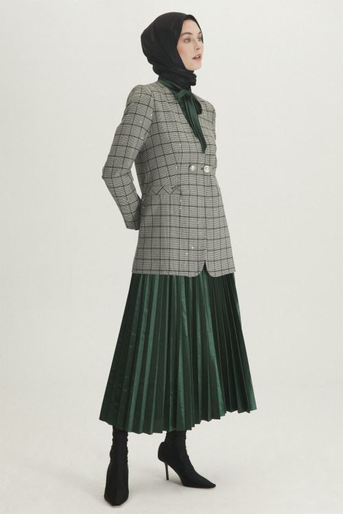 Siyah Payet İşlemeli Kareli Nefti Üçlü Kombin Takım