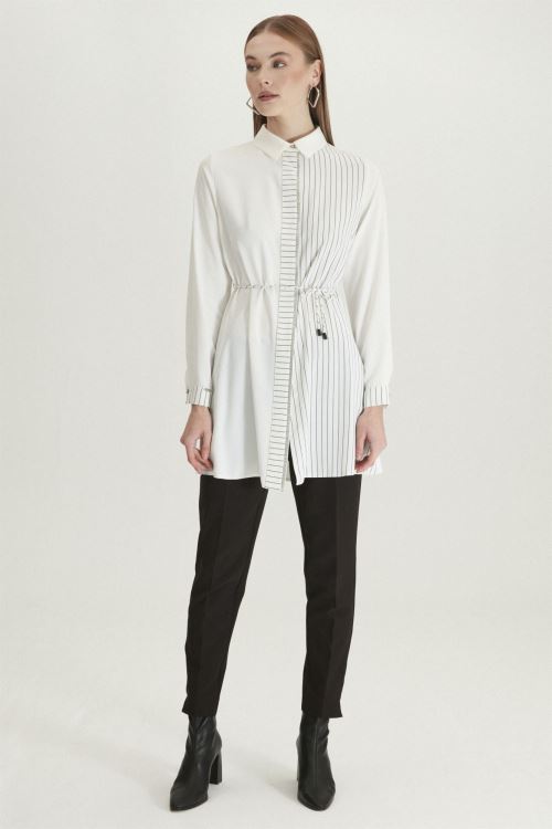 Siyah Gömlek Yaka Çizgili Ekru Tunik