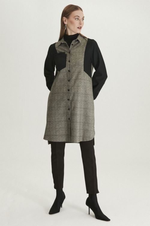 Siyah Gömlek Yaka Düğme Detaylı Siyah Tunik